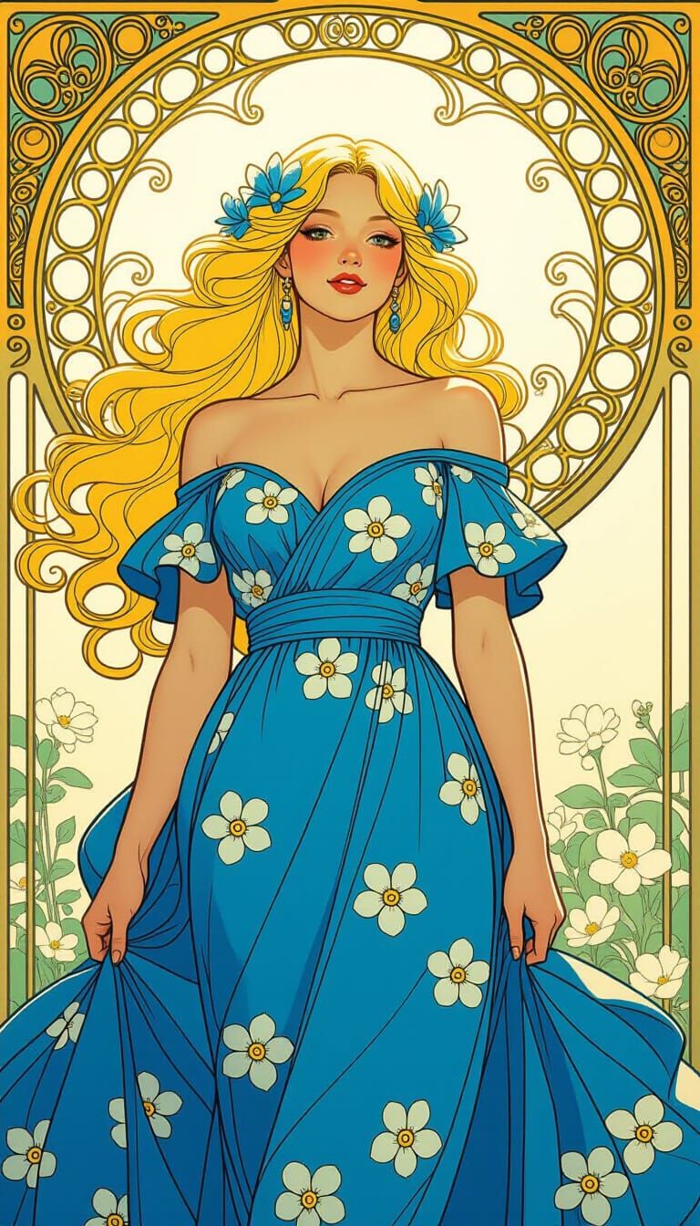 Zahia in Sky Blue Dress, Art Nouveau Style