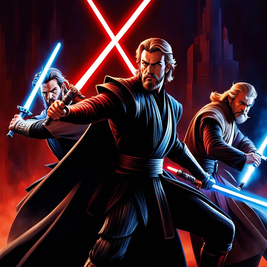 Two duelists, one Maul and one Obiwan, equal sized, having a lightsaber duel