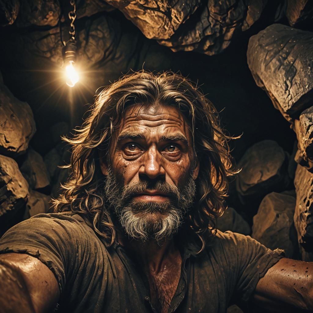 Caveman Selfie in Dark Cave: Cinematic Still