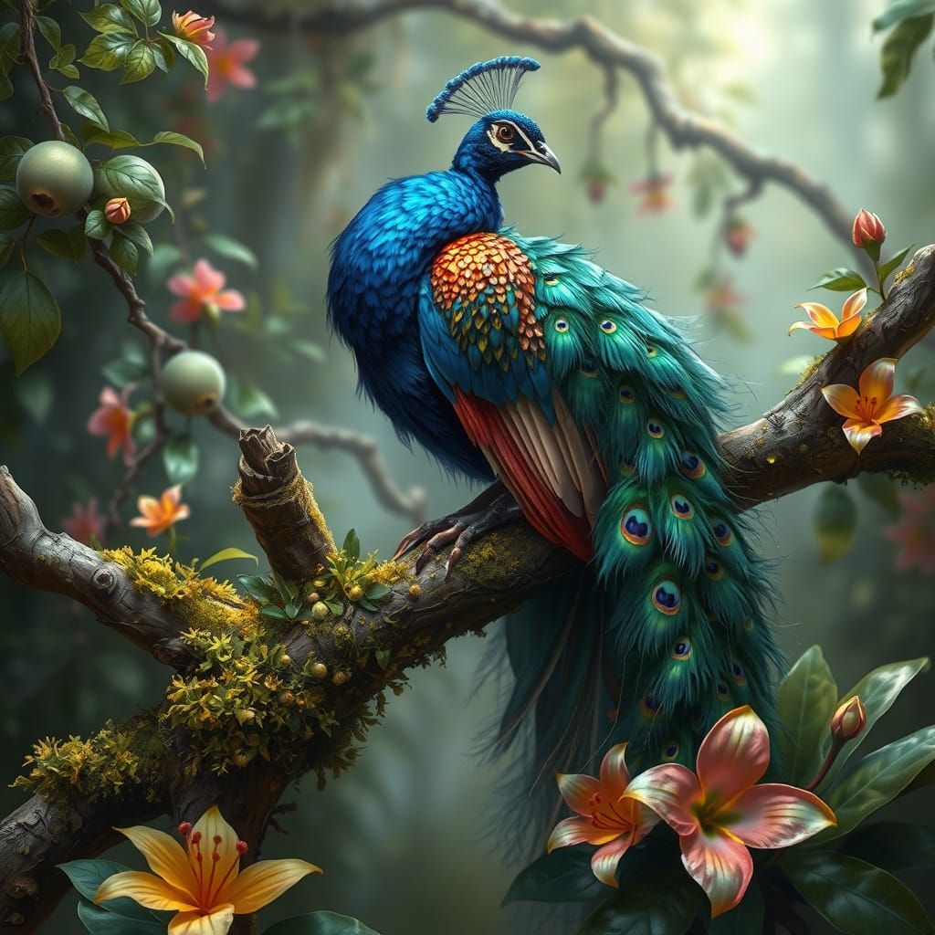 Whimsical Fantasy Peacock in Vibrant Oil Painting Style