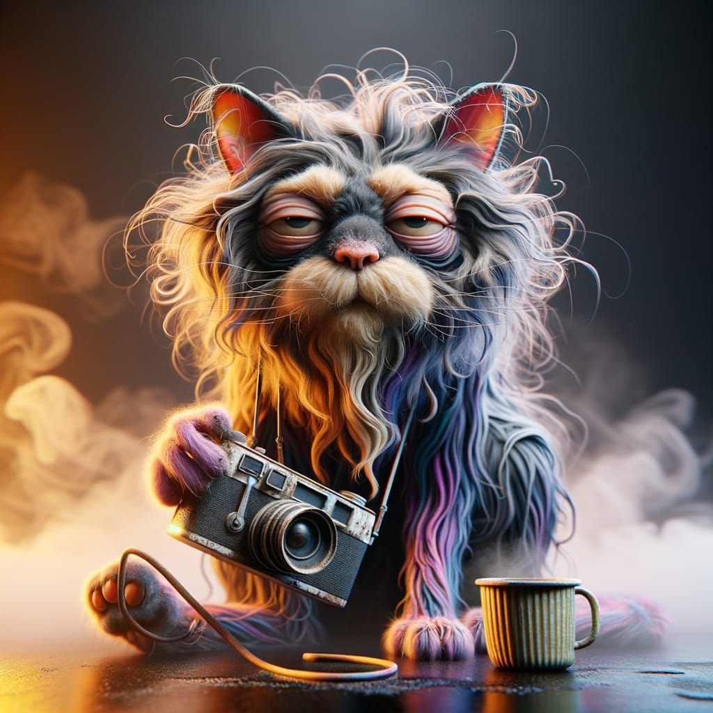 Disheveled Cat with Camera in Caricature Style