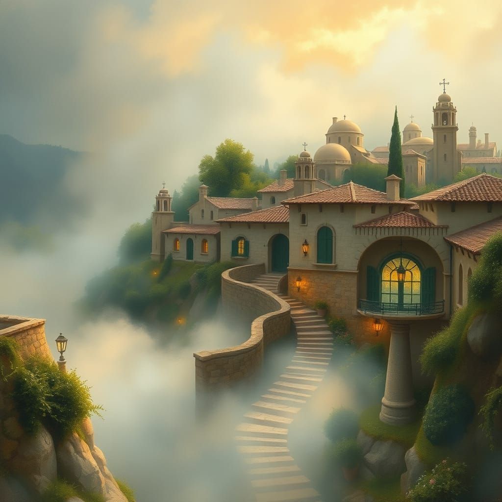 Ethereal Greek Village in Watercolor Style