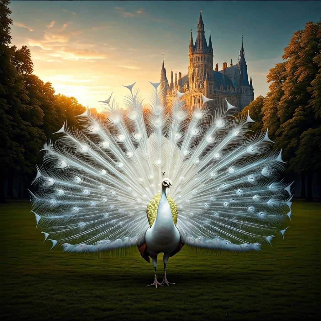 Exquisite Albino Peacock in a Medieval Masterpiece