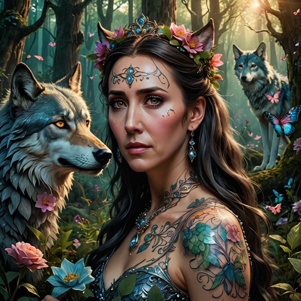 Fairy Princess with Wolf Tattoo in Mystical Forest