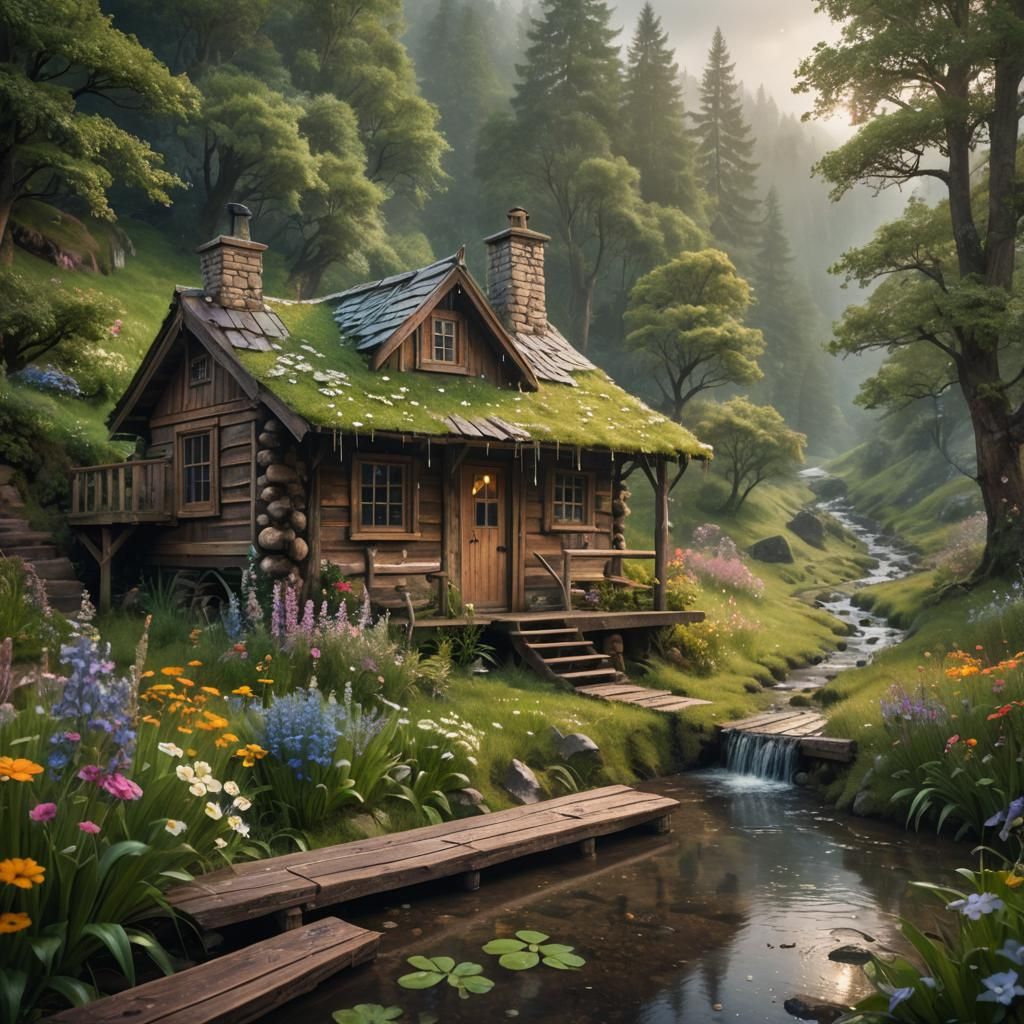Enchanting Cabin in Mystical Valley: Fantasy Matte Painting