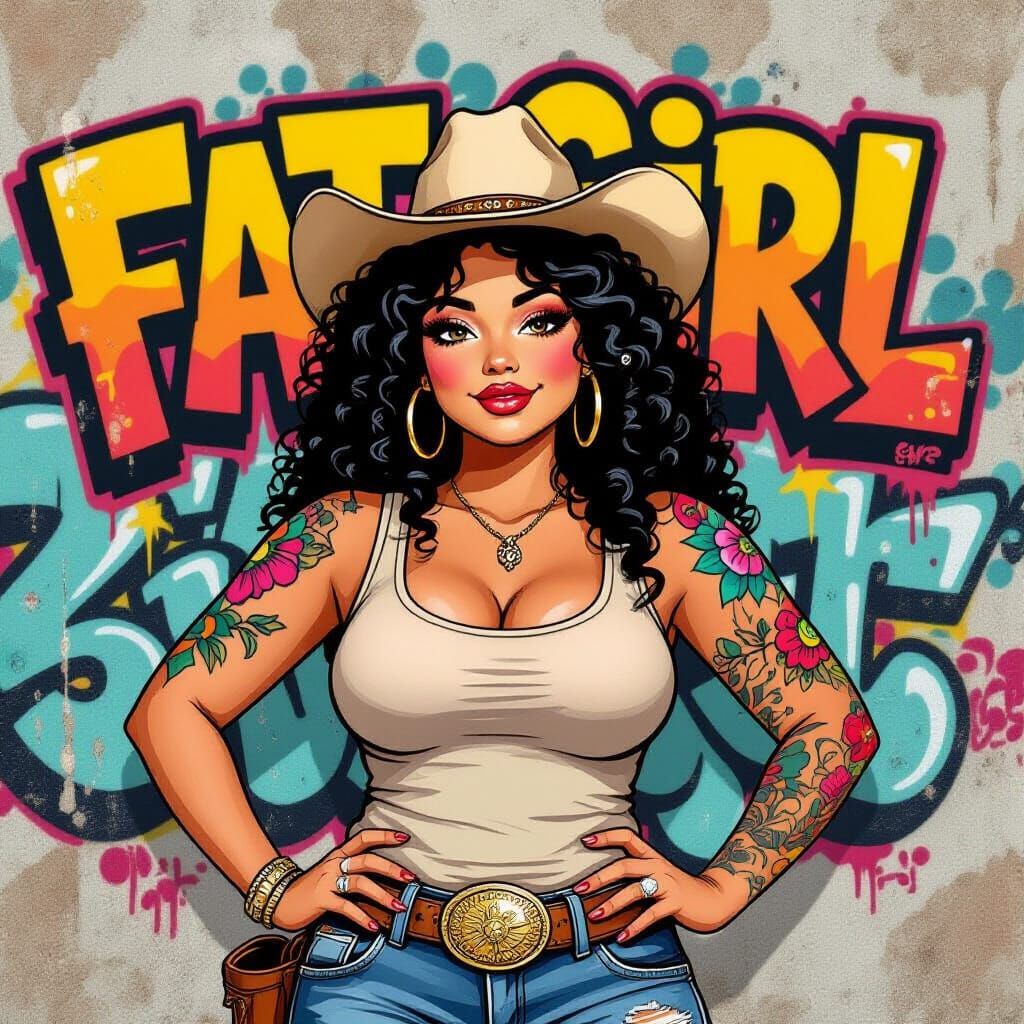 Cartoon Style: Curvy Cowgirl with Graffiti Background