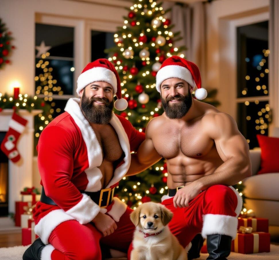 Shirtless Santa Man With Puppy By Christmas Tree