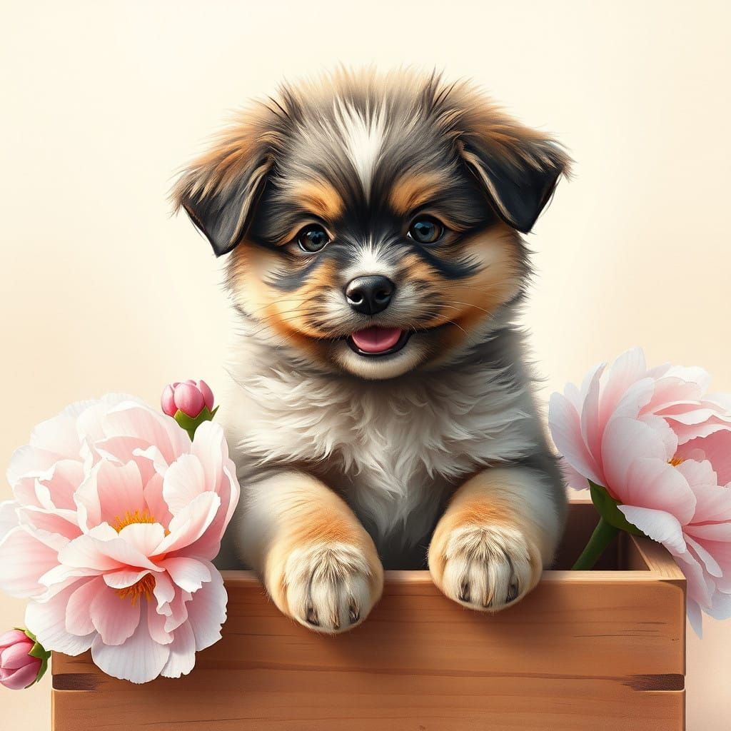 Watercolor Portrait of a Cute Puppy in a Box