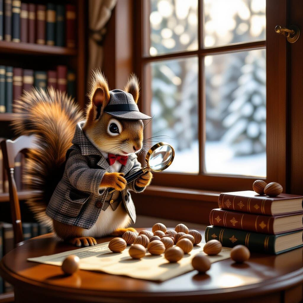 Detective Squirrel Inspects Nuts in Cozy Study