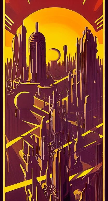 Cities, Futurism, Cosmic Architecture 1920s detailed retro-psychedelic film poster by Bernie Wrightson, Pendleton Ward, ...