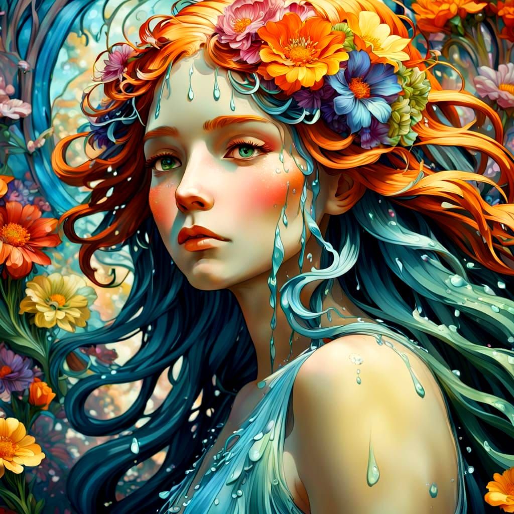 Melting Flower Woman: Art Nouveau Summer Portrait