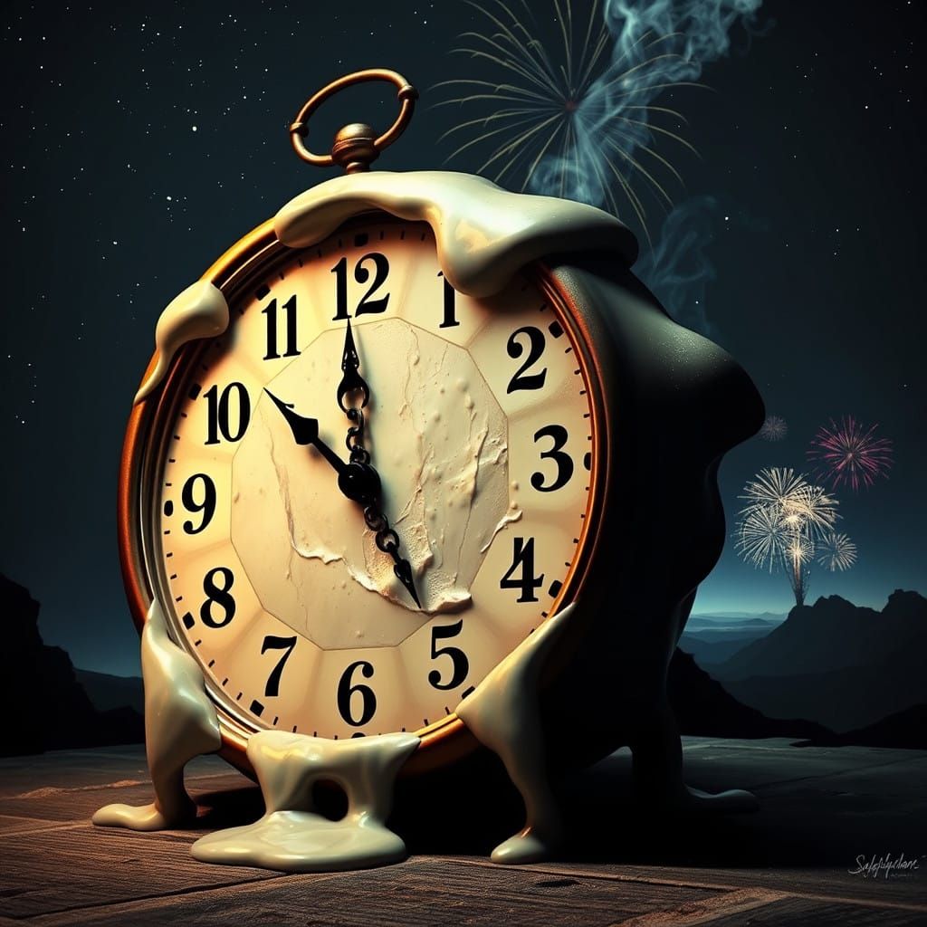 Timeless Surrealism: Melting Clocks in a Dreamlike Night Sky