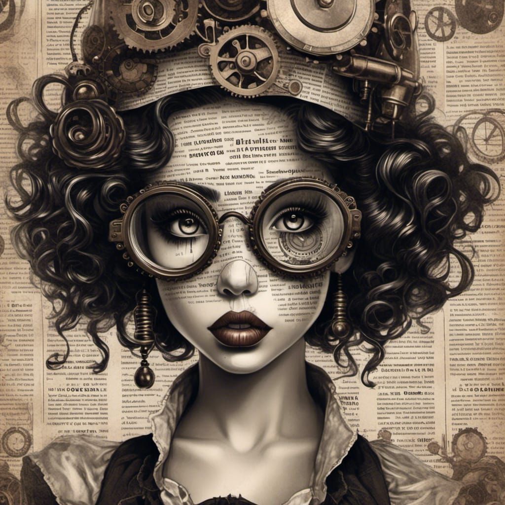 Steampunk Pinup Girl Portrait with Newspaper Texture