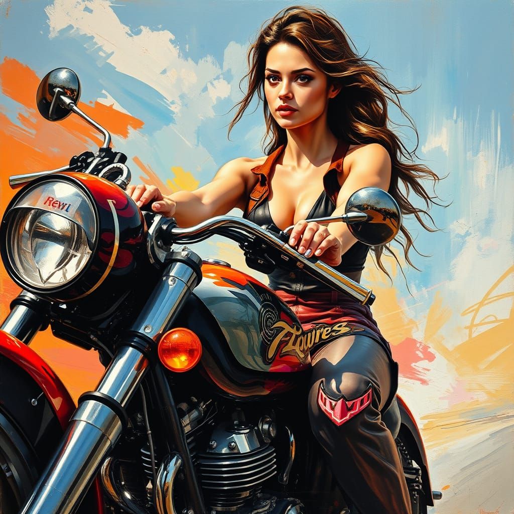 Vibrant Motorcycle Portrait in Gouache and Watercolor Styles