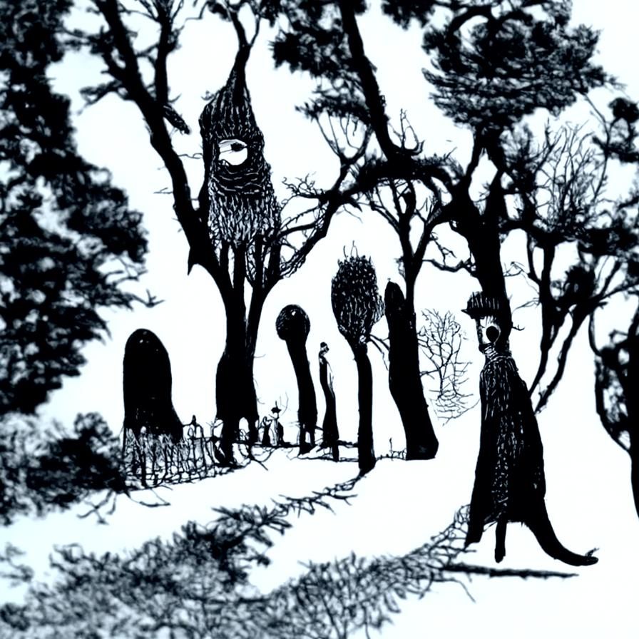 Ghostly Night Forest Illustration in Gorey Style