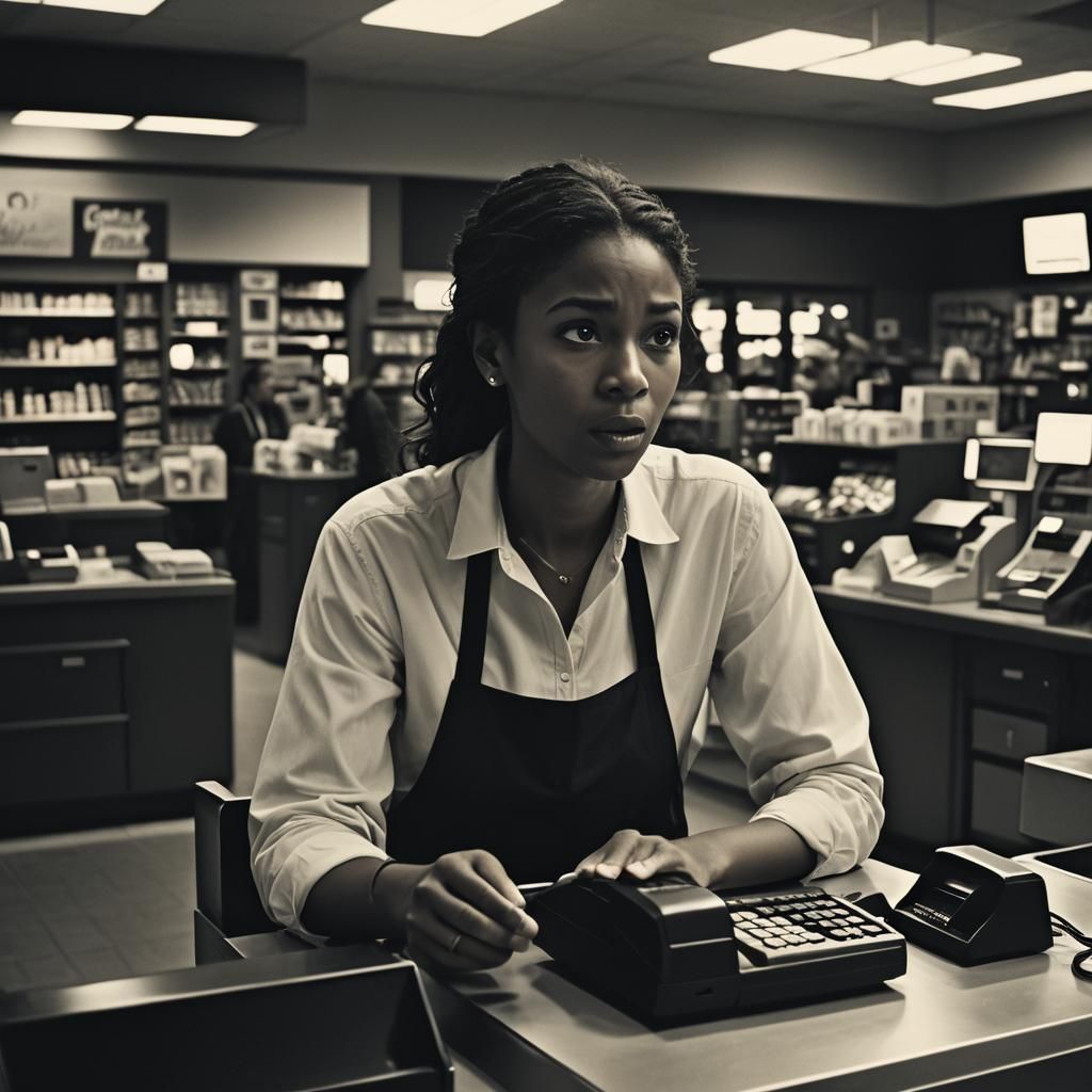 Stressed Cashier Film Still in High Contrast Lighting
