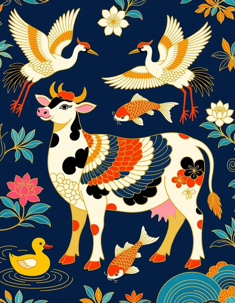 Luxurious Cow in Silk Tapestry with Gold Accents