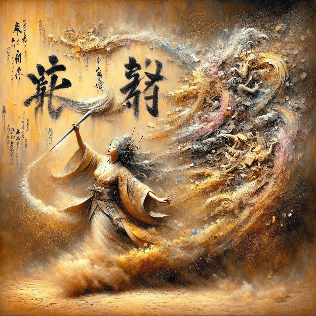 Japanese Princess Dancing with Paintbrush: Impasto Painting
