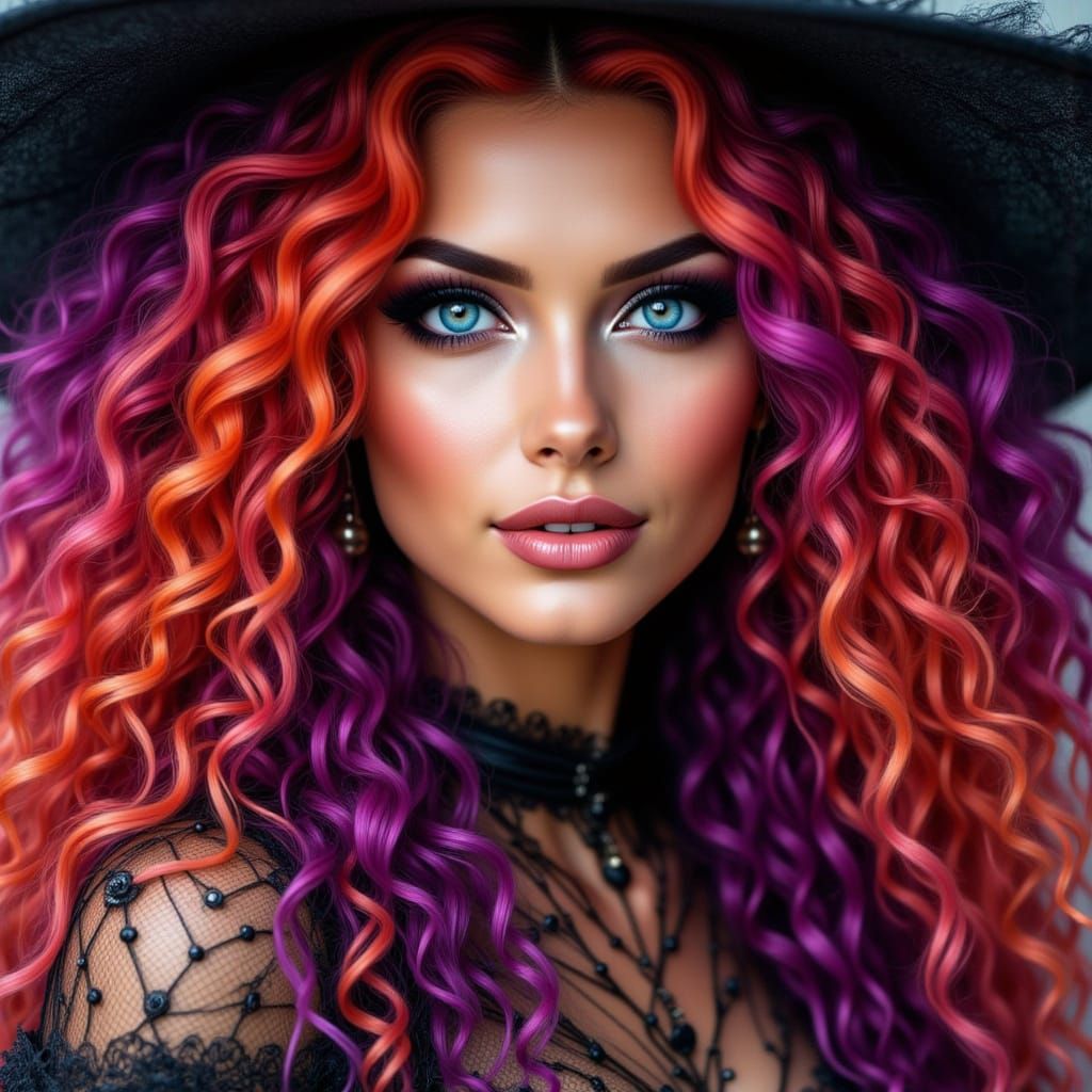 Halloween Witch with Vibrant Red and Purple Hair