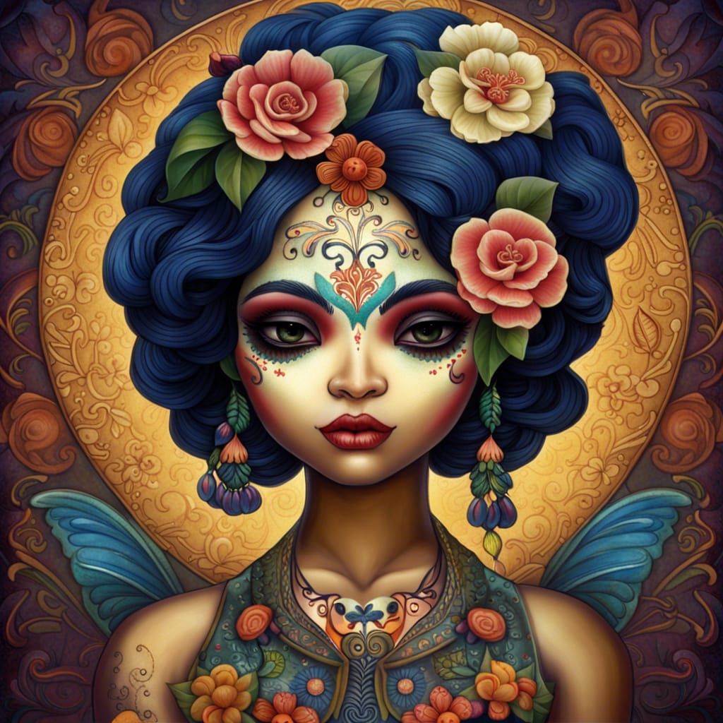 Flowers Decorated Girl in Día de los Muertos Style