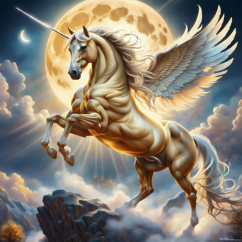 Winged Golden Horse Under a Starry Sky
