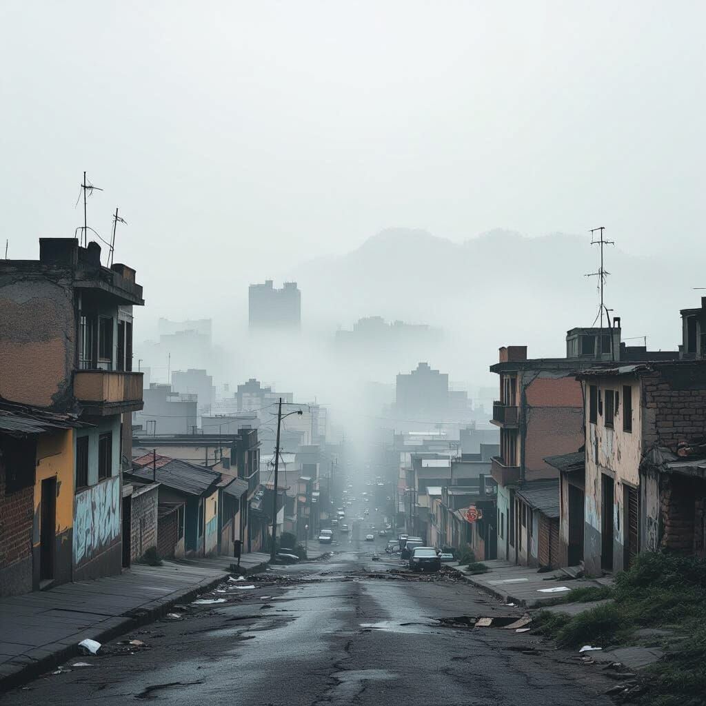 Hyperrealistic Lima Landscape: Damaged Buildings in Fog