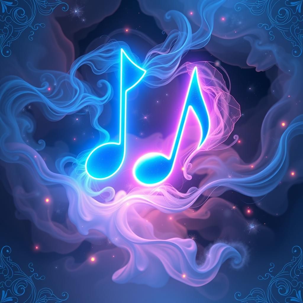 Neon Music Notes Duet in Ethereal Mist