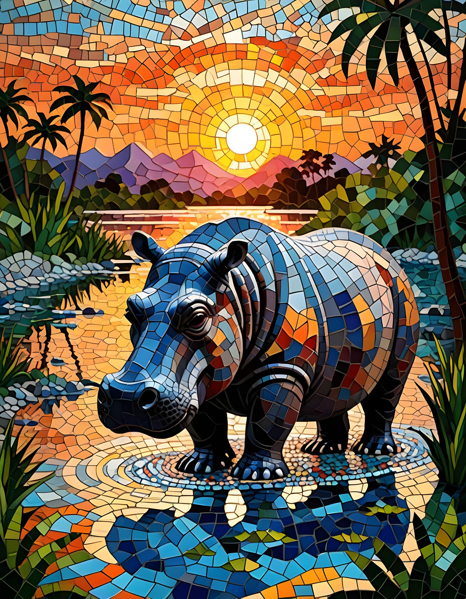 Vibrant Mosaic Hippopotamus Basks in Sunset Jungle Scene