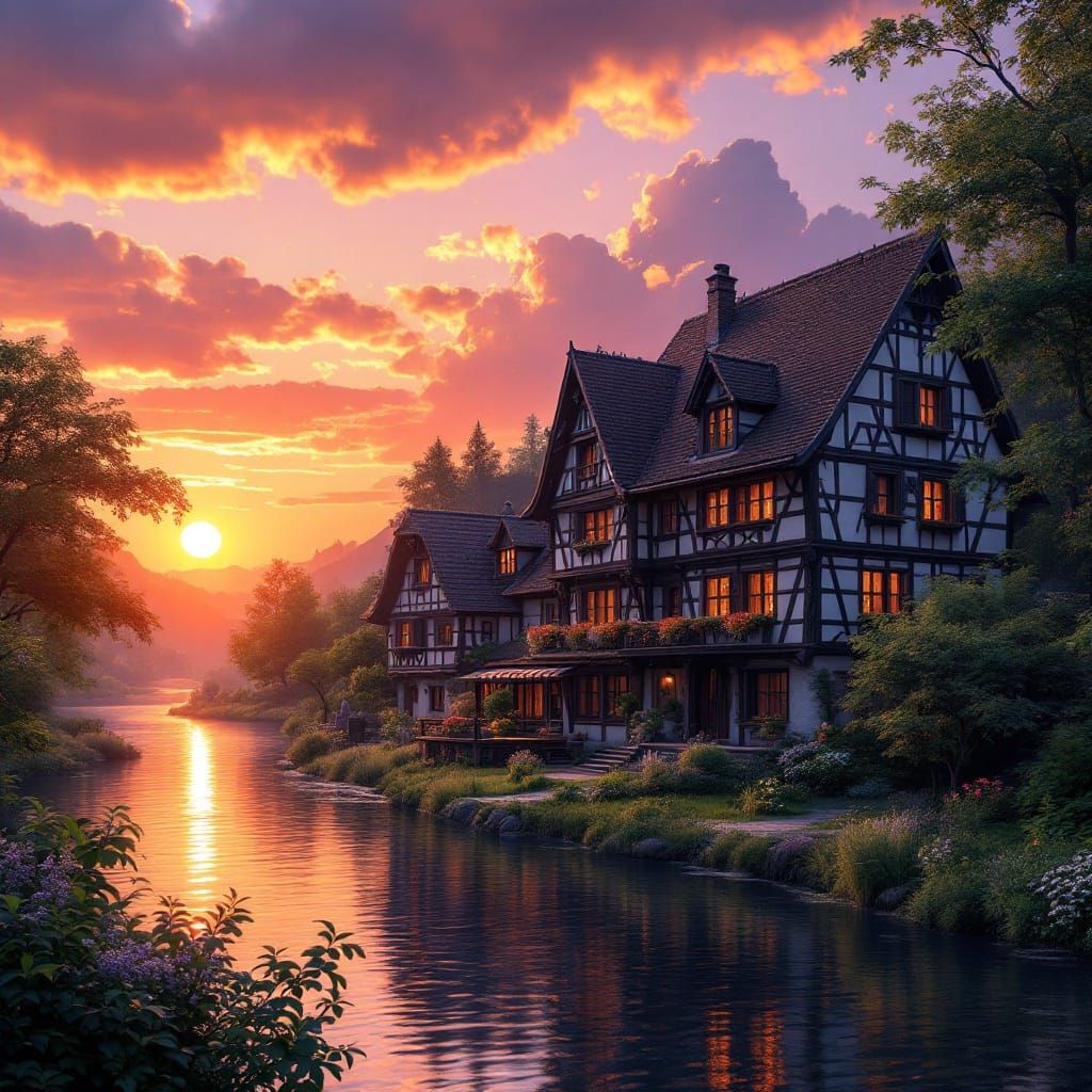 Enchanting German House at Sunset, Fantasy Concept Art