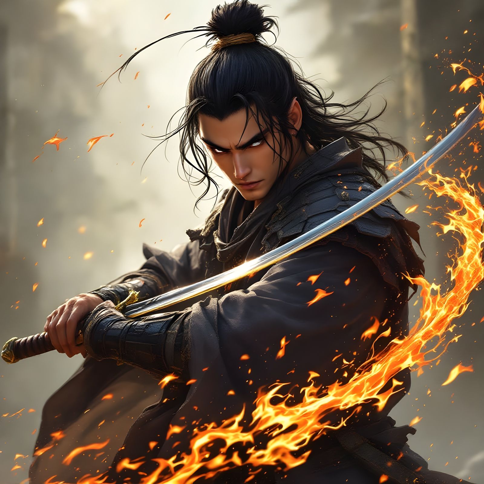 Handsome Samurai with Flames Dancing Down His Blades in Trad...