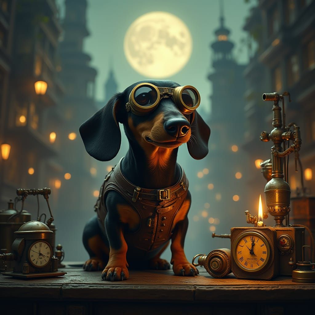 Steampunk Dachshund in Industrial Sci-Fi Cityscape