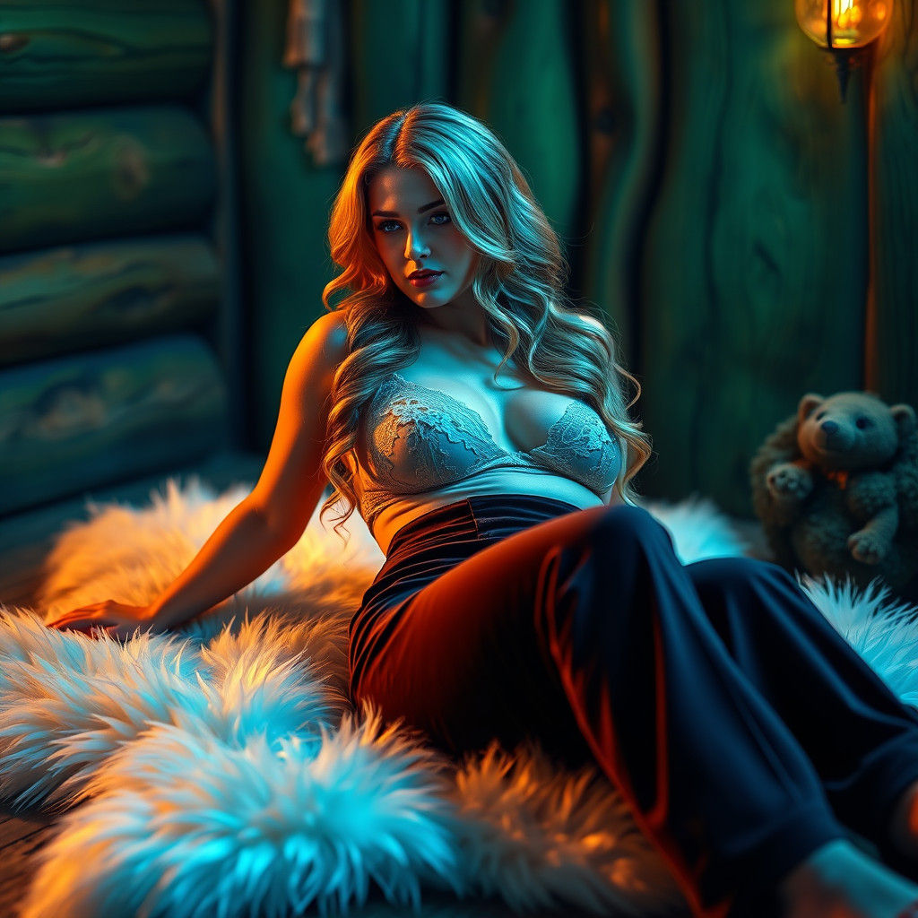 Blonde voluptuous female laying bare chested on a white bear...