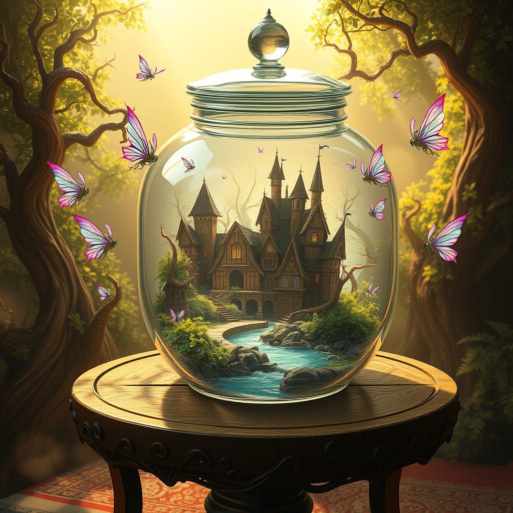 Whimsical Elves in a Glass Jar Village Scene in Fantasy Art