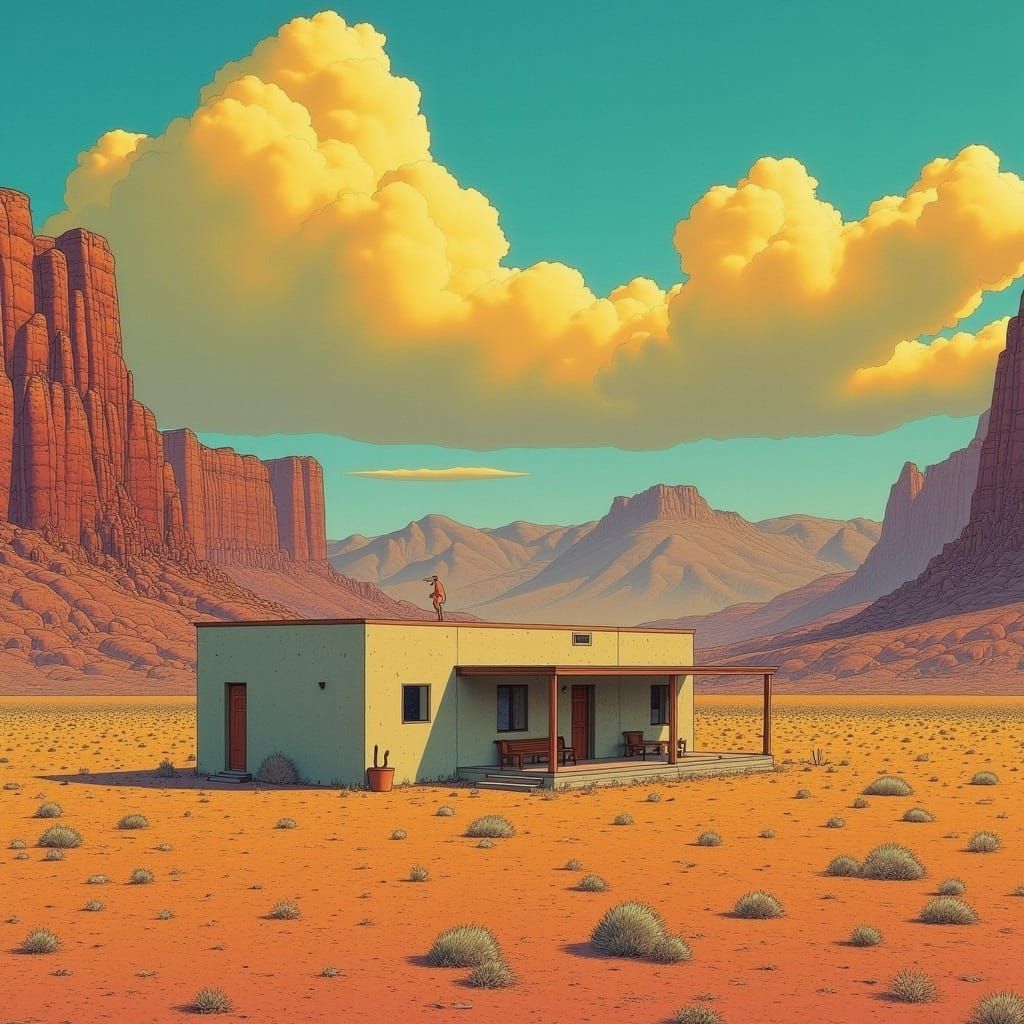 Desert House Between Mountains in Dreamlike Landscape