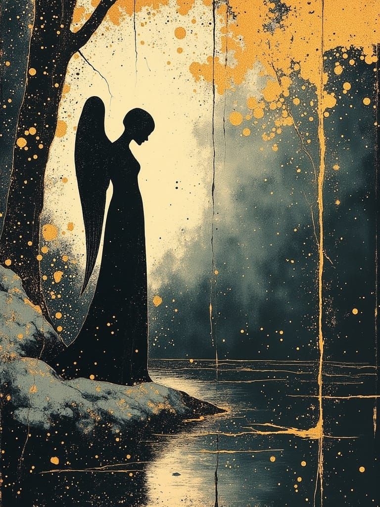 Gothic Angel Contemplates the Pond's Dark Reflection