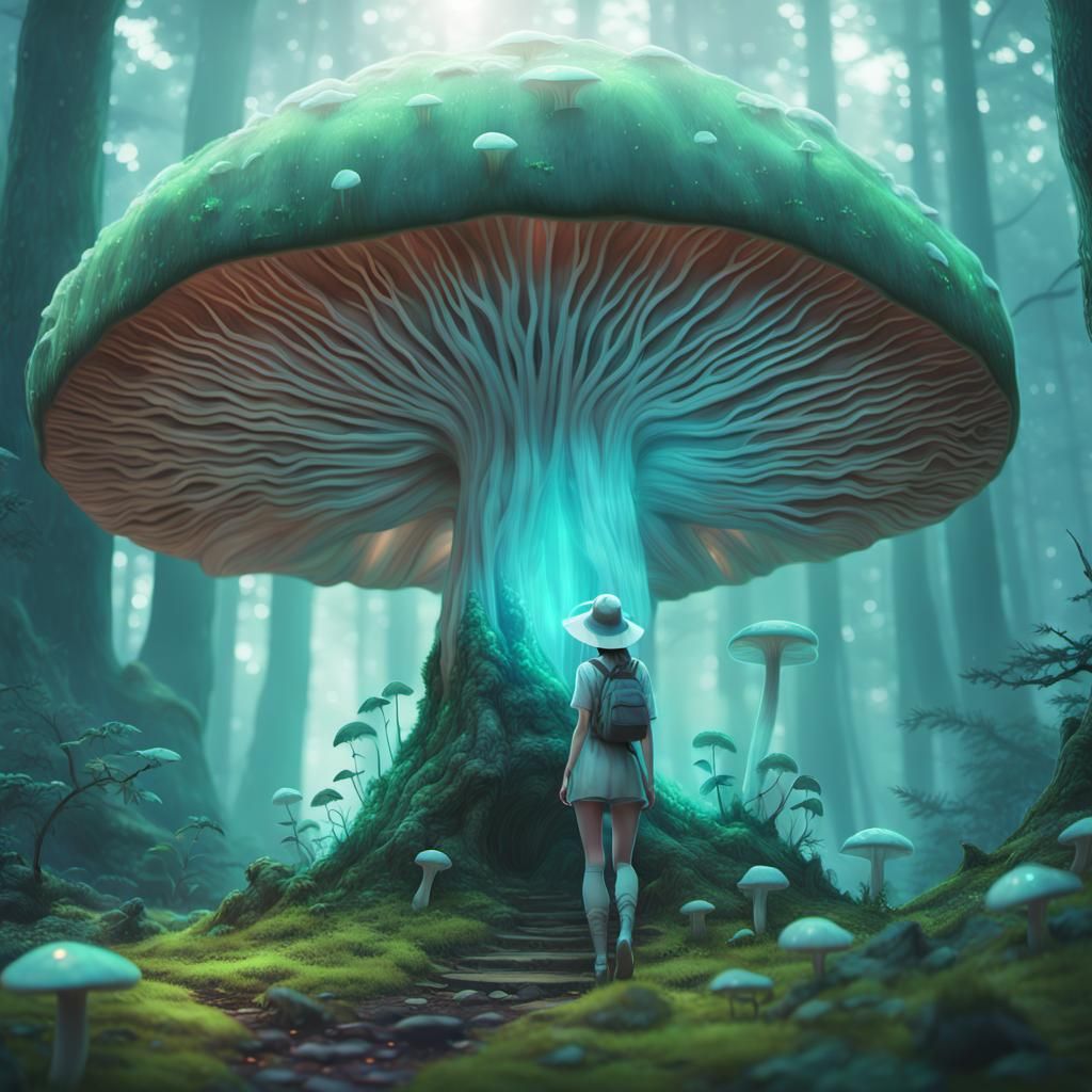 Girl in Vibrant Mushroom Wonderland