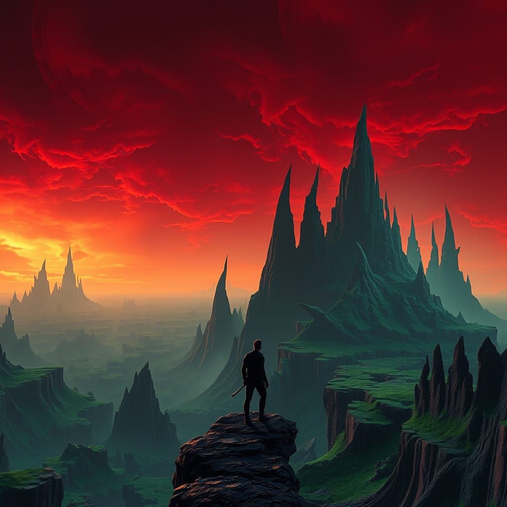 Lone Figure Contemplates Abyssal Landscapes of Twisted Beaut...