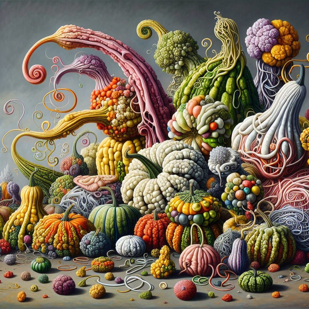 Gourd People in a Surrealist Melting Oil Painting