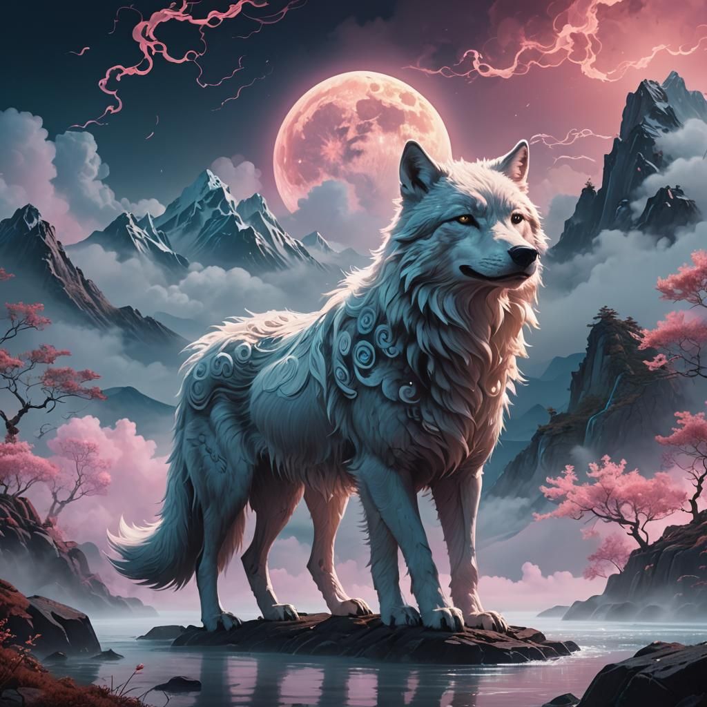 Celestial Chinese Cloud Wolf in Fantasy Landscape