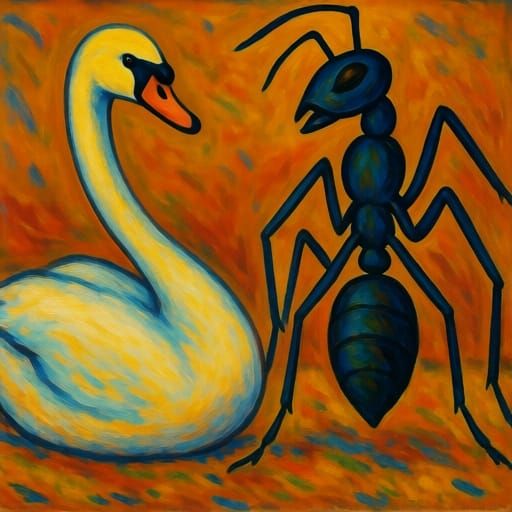 Swan and Giant Ant in Fauvist Style