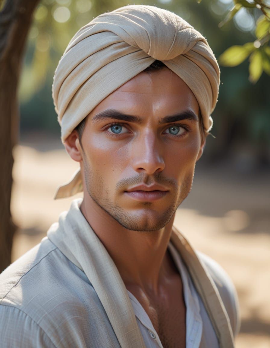 Blue-Eyed Man in Turban: Photorealistic Close-Up