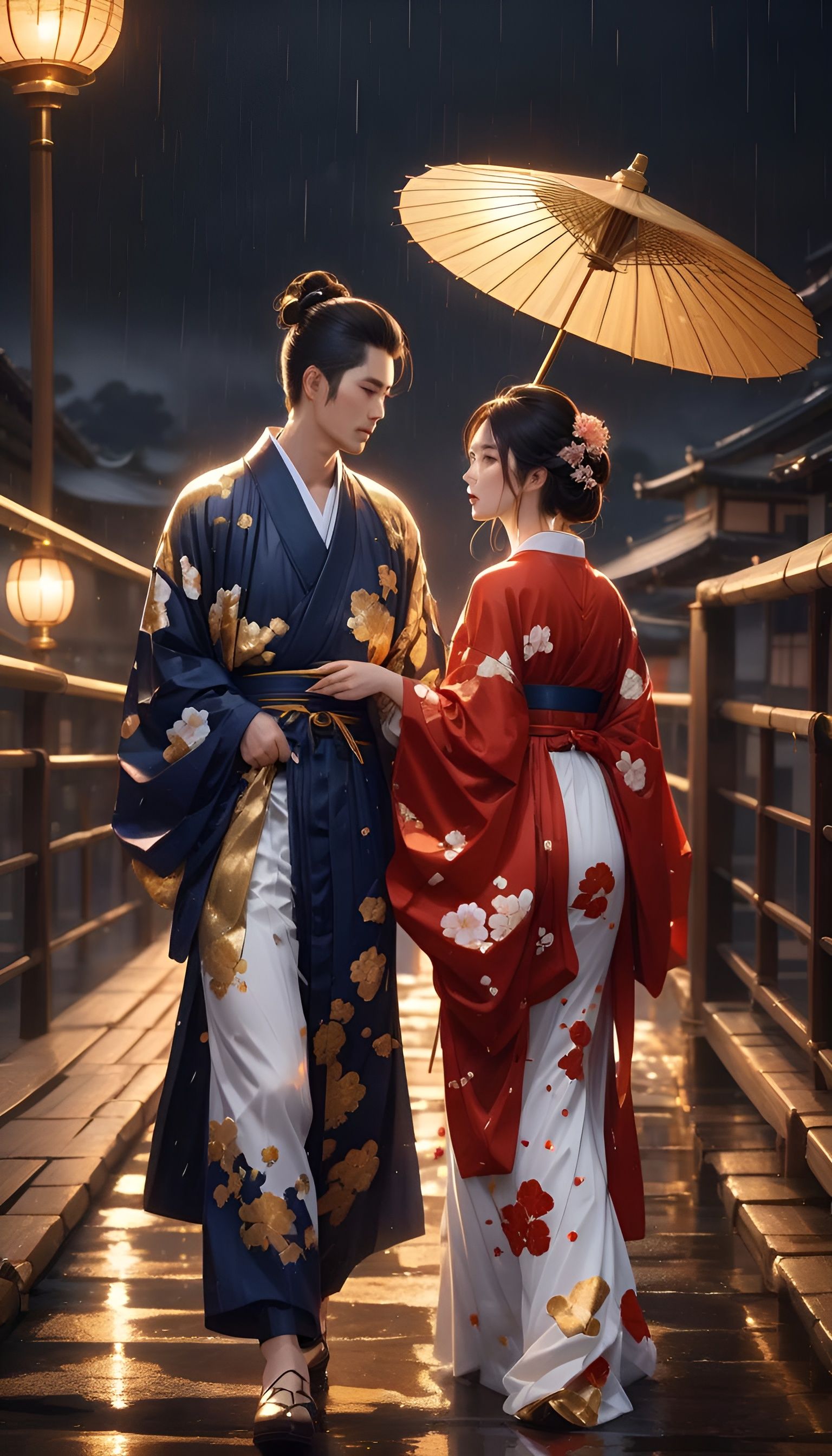 Romantic Japanese Couple in Rainy Kintsugi Style