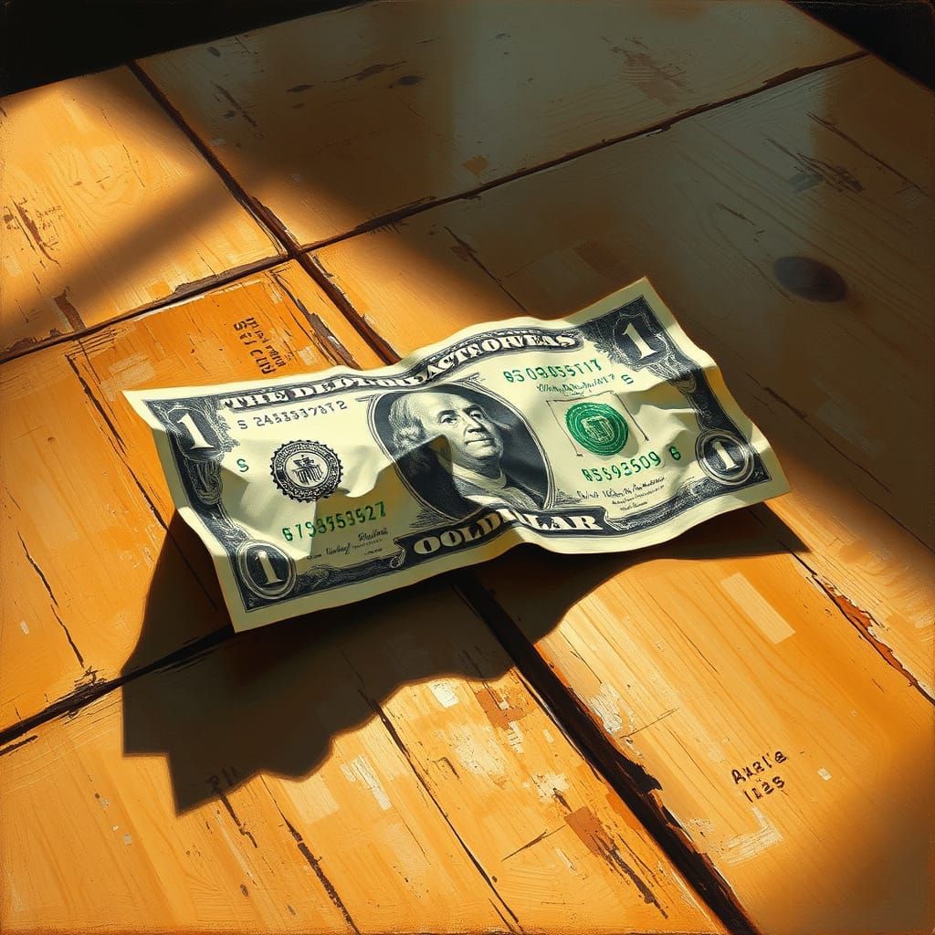 Worn Dollar Bill on Distressed Wooden Table in American Real...