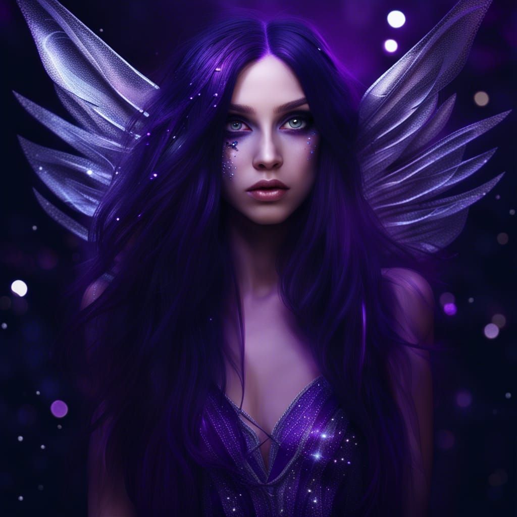Purple Fairy Portrait with Silver Wings