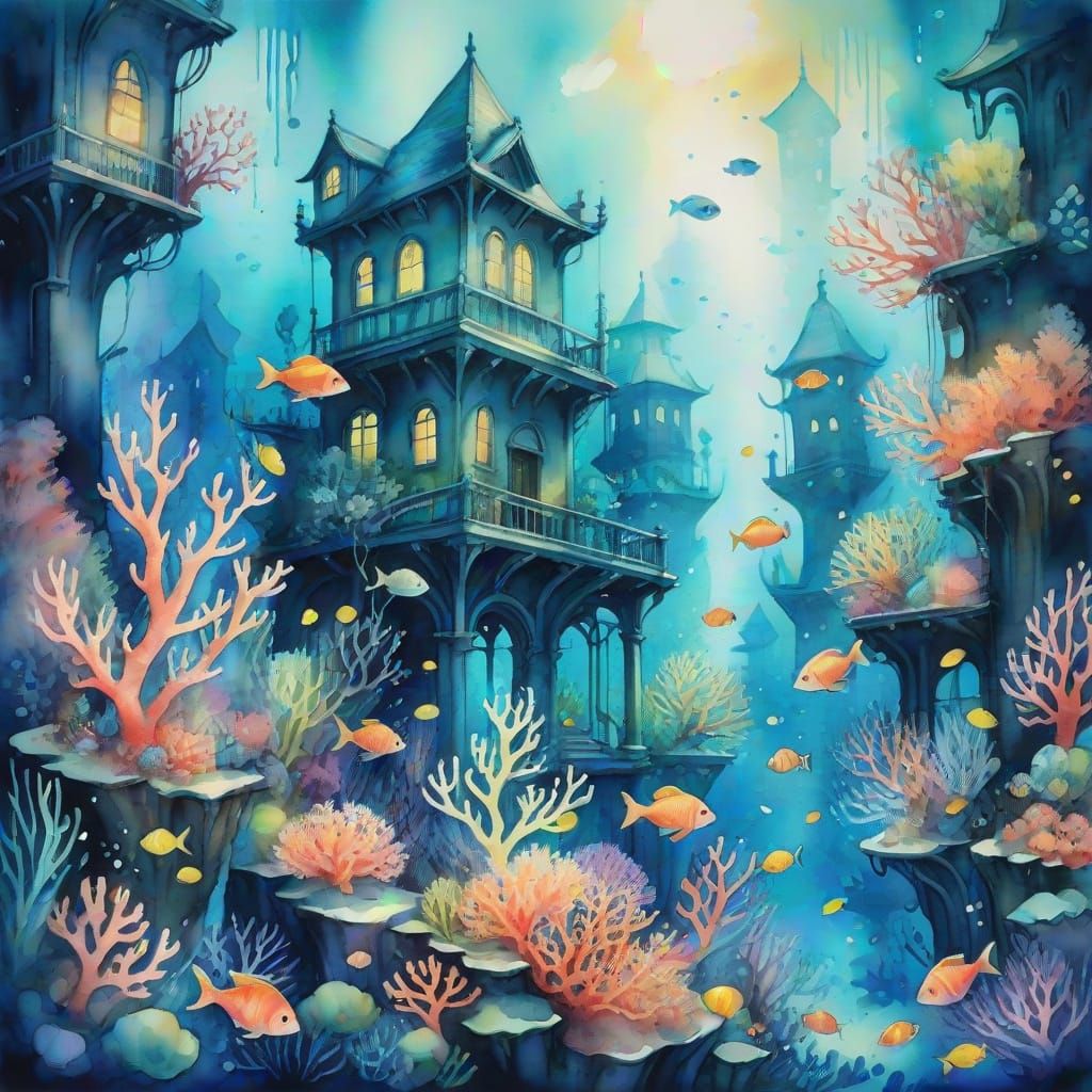 Underwater Metropolis in Watercolor Style