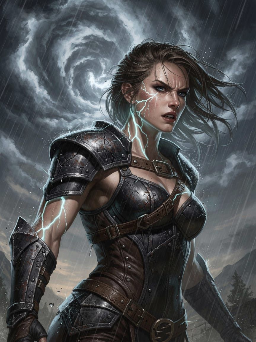Storm Huntress Emerges from Tempest in Digital Painting