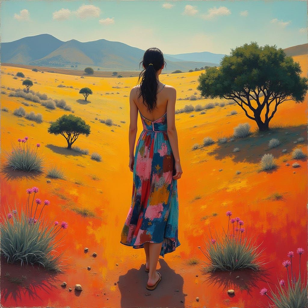 Woman Contemplates Vibrant Landscape in Expressionist Style