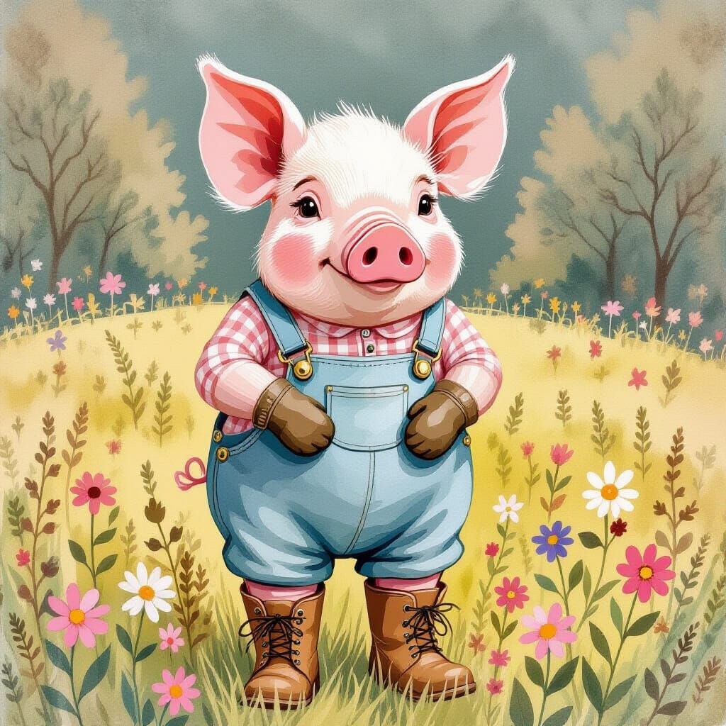 Pig in Boots in Field, Watercolor Illustration
