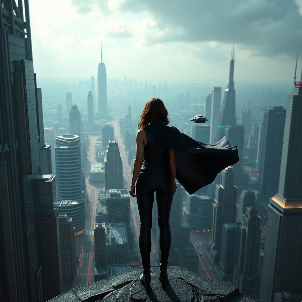 Futuristic Cityscape View with Woman in Cyberpunk Style