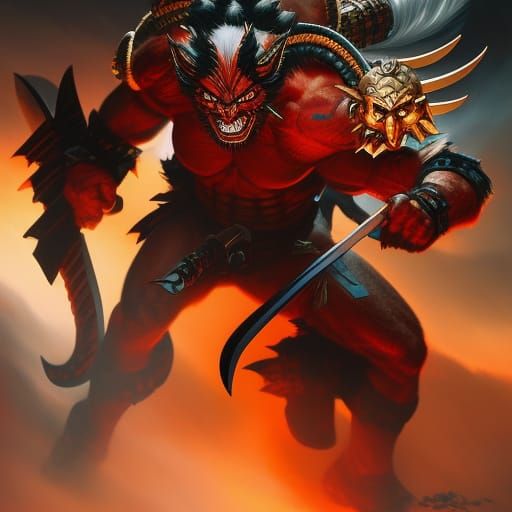 A demon samurai, oni bare skin, red skin, blue skin, horns, tusks for teeth, hairy, intricately, Mark Brooks and Dan Mu...